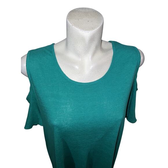 By Chicos Top Sz LP (2 Petite) Green Rayon Linen Blend Cold Shoulder Hi-Lo Tunic - Picture 2 of 6